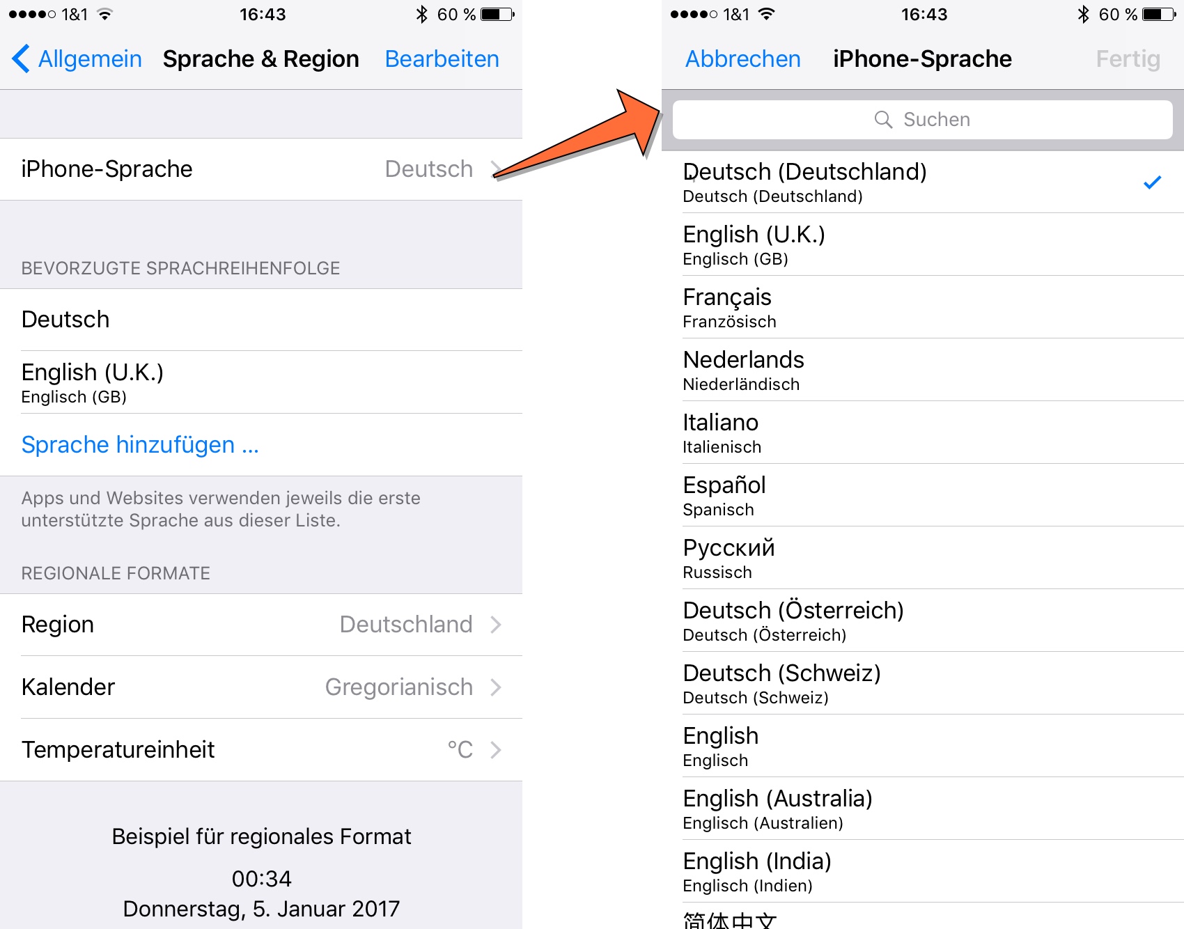 Two iPhone Screenshots. The first one shows the Language & Region Screen with "iPhone-Language" set to "Deutsch" and two preferred languages: Deutsch and English (U.K.). The second screen is the one to change the iPhone's language. It shows lots of languages and Regions with "Deutsch (Deutschland)" at the top, followed by English (U.K.) and others. There are several other entries for "Detusch", e.g. "Deutsch (Österreich)", or "Deutsch (Schweiz)"